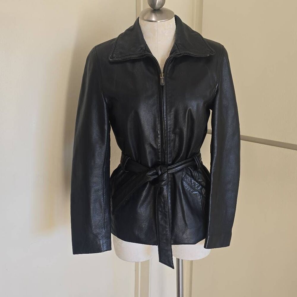Alamo Uomo Vintage Blk Leather Jkt., Belted at Waist, Pkts., XLNT CONDITI